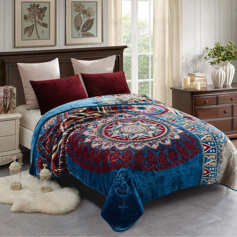 JML Fleece Blanket King Size for Winter, Korean Style Thick Raschel Bed Blanket 85 x 95 Inches- 9 Lbs, Single Ply, Soft, Warm, Plush Floral Printing with Luxury Embossing Pattern, Lake-Blue Circle - Image 1